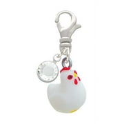 Delight Jewelry Resin White Chicken - Silvertone Clip on Charm with Clear Crystal Drop