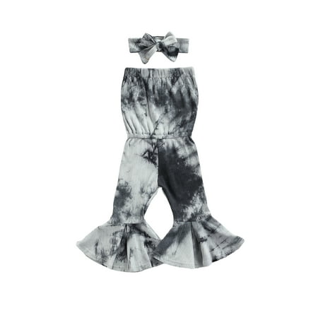 

Binpure Baby Tie-dye Clothes Set Girls Sleeveless Low-cut Flared Jumpsuit + Bow-knot Headband