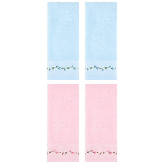 Unique Bargains 4 Pcs Floral Embroidered Soft Hand Towels 13" x 29" Pink/Blue
