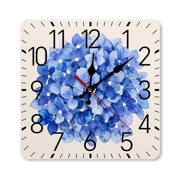 RKSupls 10×10inch Square Silent Wall Clock Wooden Frame, Blue Hydrangea Cluster Scale Decorative Clock for Home Bedroom Living Room Office