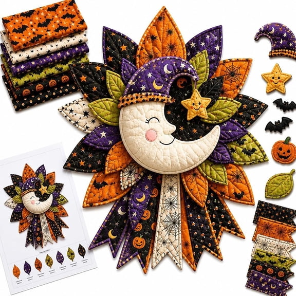 DIY Quilted Seasonal Door Hanger Craft Kit, Handmade Patchwork Fabric Sewing Set for Adults, Halloween & Christmas Holiday Wall Decor (Moon)
