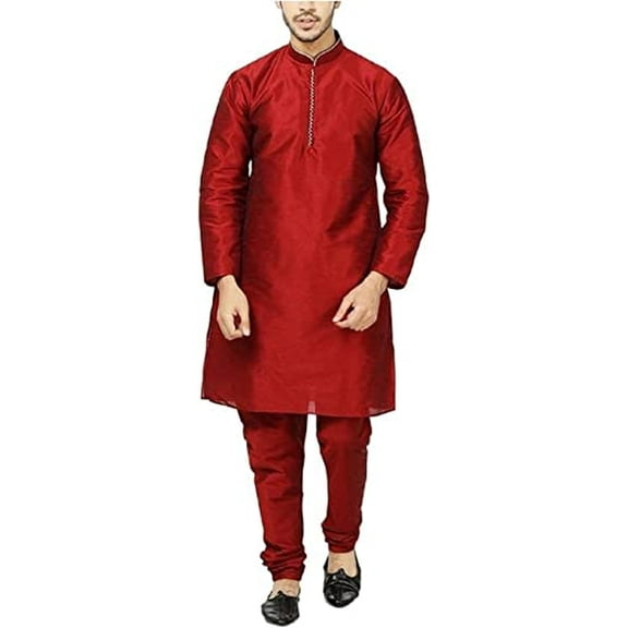 Royal Mens Silk Blend Neck Embroidery Kurta Pyjama Set Red