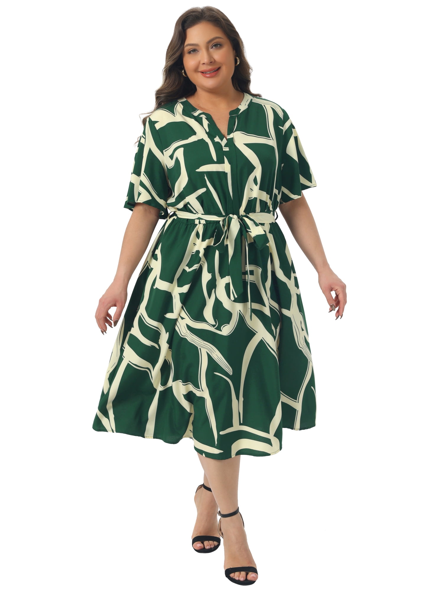 DARING DIVA Women's Plus Size Short Sleeve Notched V Neck Midi Dress 2X Dark Green
