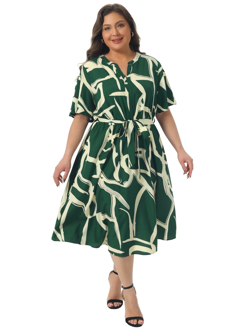 DARING DIVA Women's Plus Size Short Sleeve Notched V Neck Midi Dress 3X Dark Green