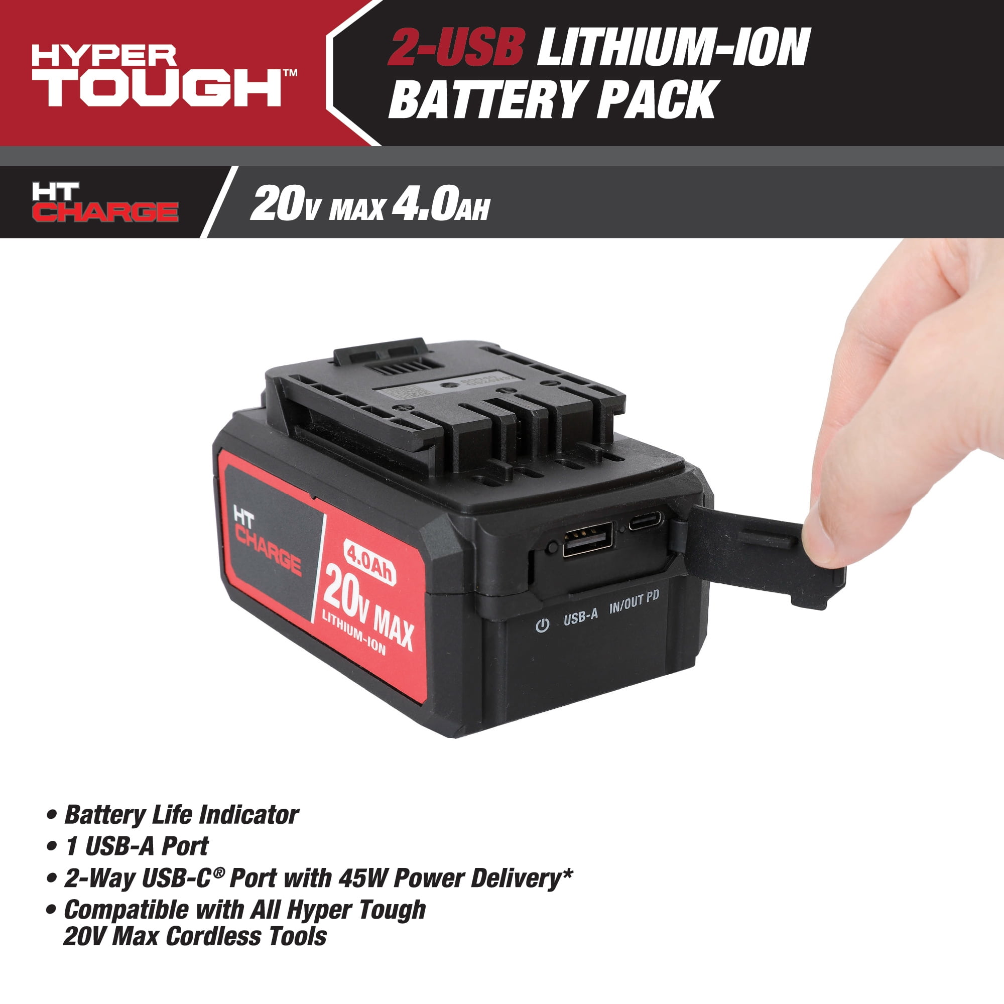 Hyper Tough 20-Volt Max Lithium-Ion 4.0Ah Battery Pack with USB-a and USB-c Ports