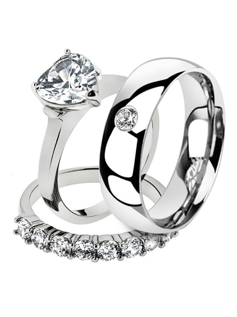 His & Her 3pc Stainless Steel Bridal Engagement Ring Set & Zirconia Wedding Band 