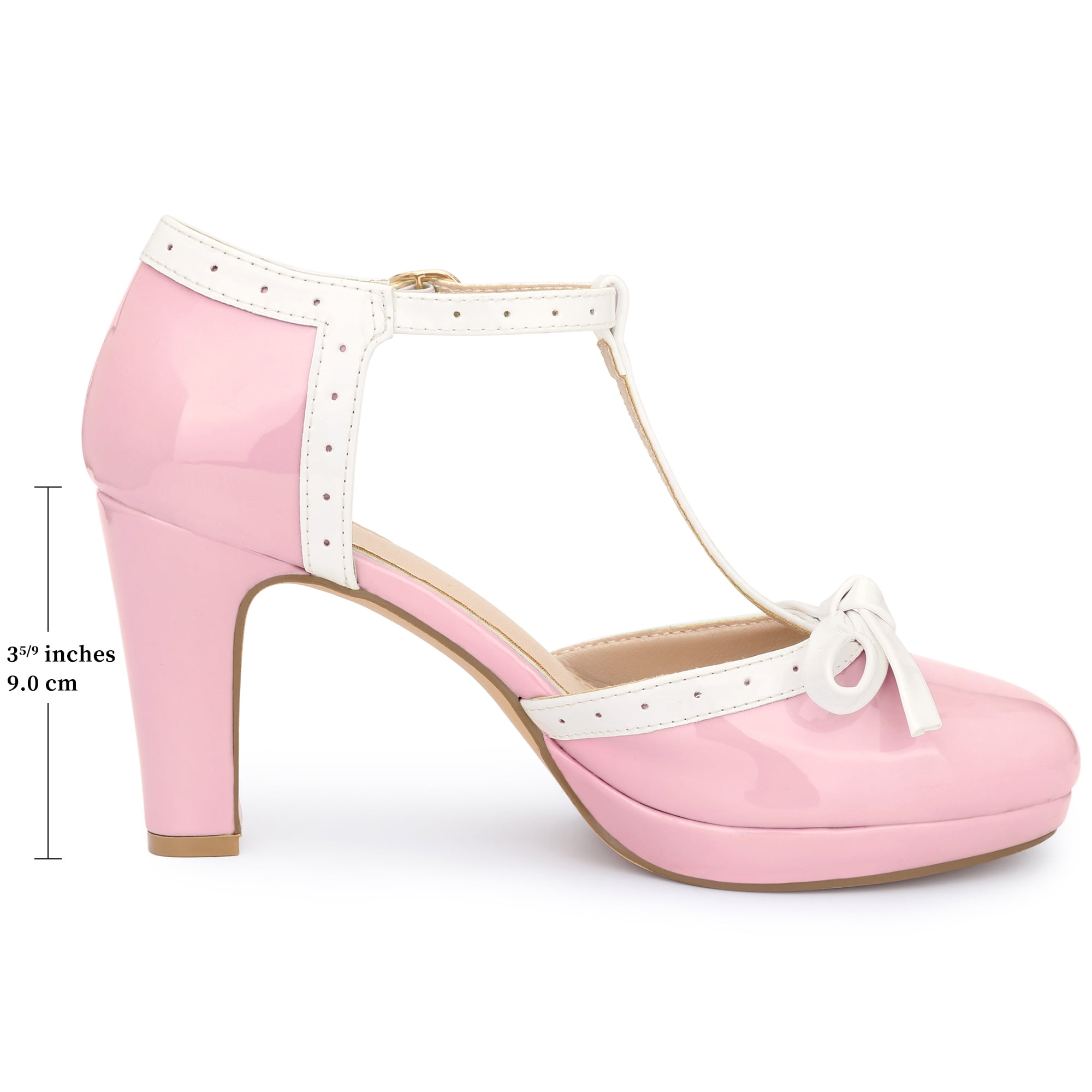 DARING DIVA Women's Bow Platform T-Strap Block High Heel Pumps Pink 9