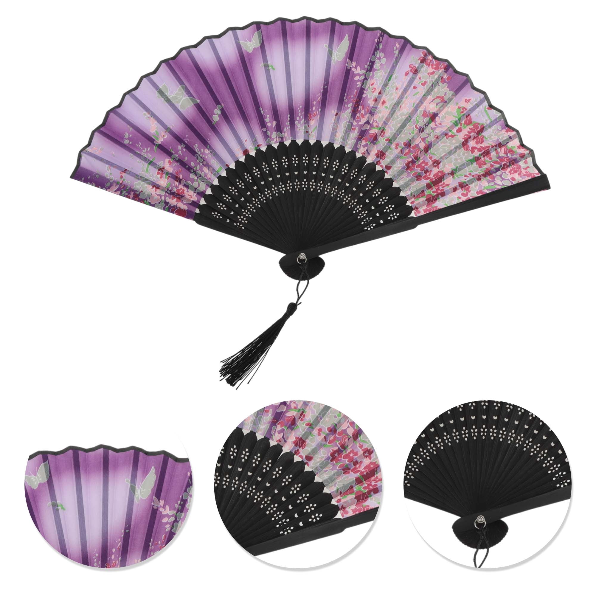 Unique Bargains Ancient Style Folding Fan 1Pc Purple [Dreamy Cherry Blossoms Butterflies]