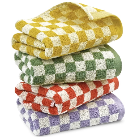 Hand Towels for Bathroom 4 Pack, Cotton Face Towels Soft Absorbent for Spa Bath Gym Kitchen, Fall Hand Towels Decorative Checkerboard, 13 x 29 Inches, 4 Colors