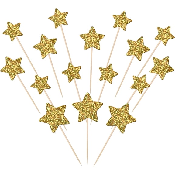 Holographic Gold Star Cupcake Toppers - Glitter Star Picks for Birthday/Baby Shower/Anniversary Party Decorations, Pack of 12