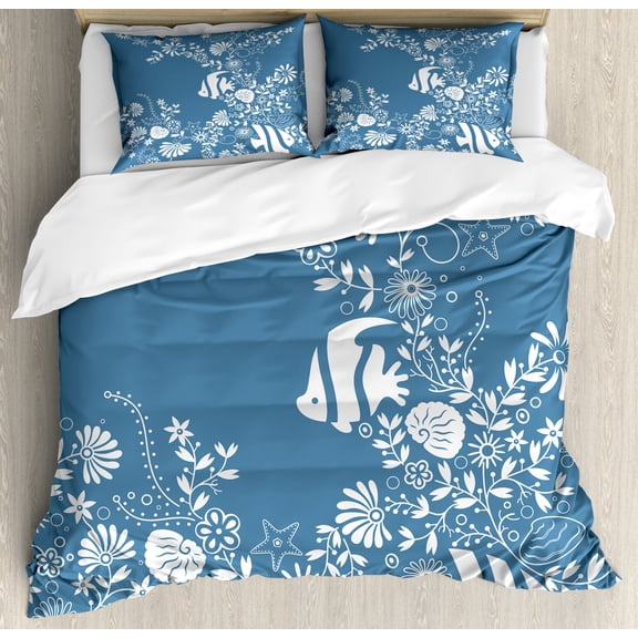 Sea Shells Duvet Cover Set King Size, Floral Arrangement with Fishes Abstract Marine and Natural Elements Illustration, Decorative 3 Piece Bedding Set with 2 Pillow Shams, Blue White, by Ambesonne