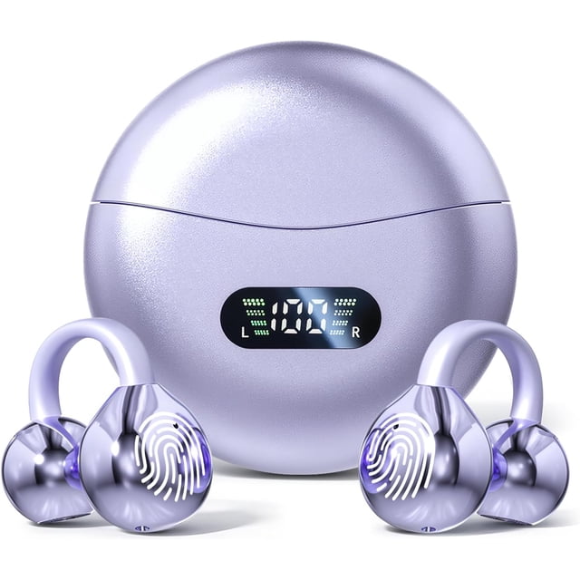 GuDoQi Audifonos Inalambricos Deportivos, Open-Ear Audífonos Bluetooth 5.4, Clip de Oreja, Llamadas de Voz HD, Indicador LED de Batería, para Correr Hacer Ejercicio, Compartimento Redondo, Negro