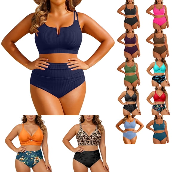 Heydday Women's Plus Size High Waisted Bikini, Ribbed Two Piece Tummy Control Bathing Suit, Adjustable Strap Padded Swimsuit for Summer Beach Pool Vacation, Curvy Swimwear(Navy/L)