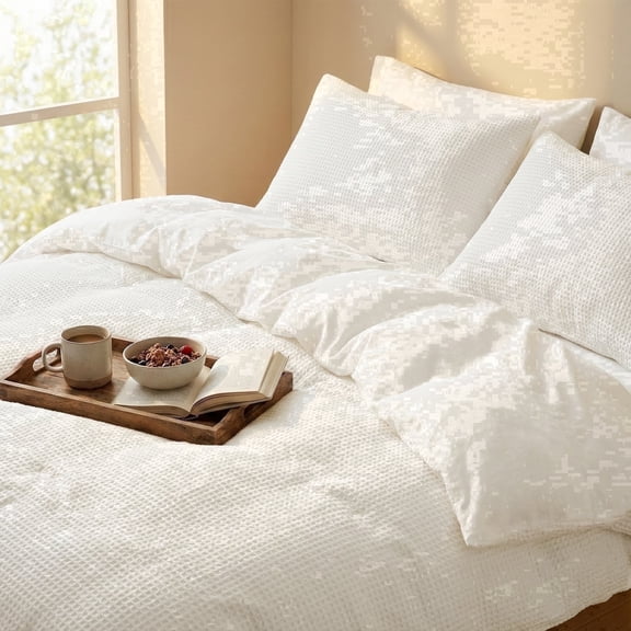 DCSKY 3-Piece Cotton Duvet Cover Set Queen Size, Waffle Weave, White Duvet Cover, 90x90 Inch Bedding