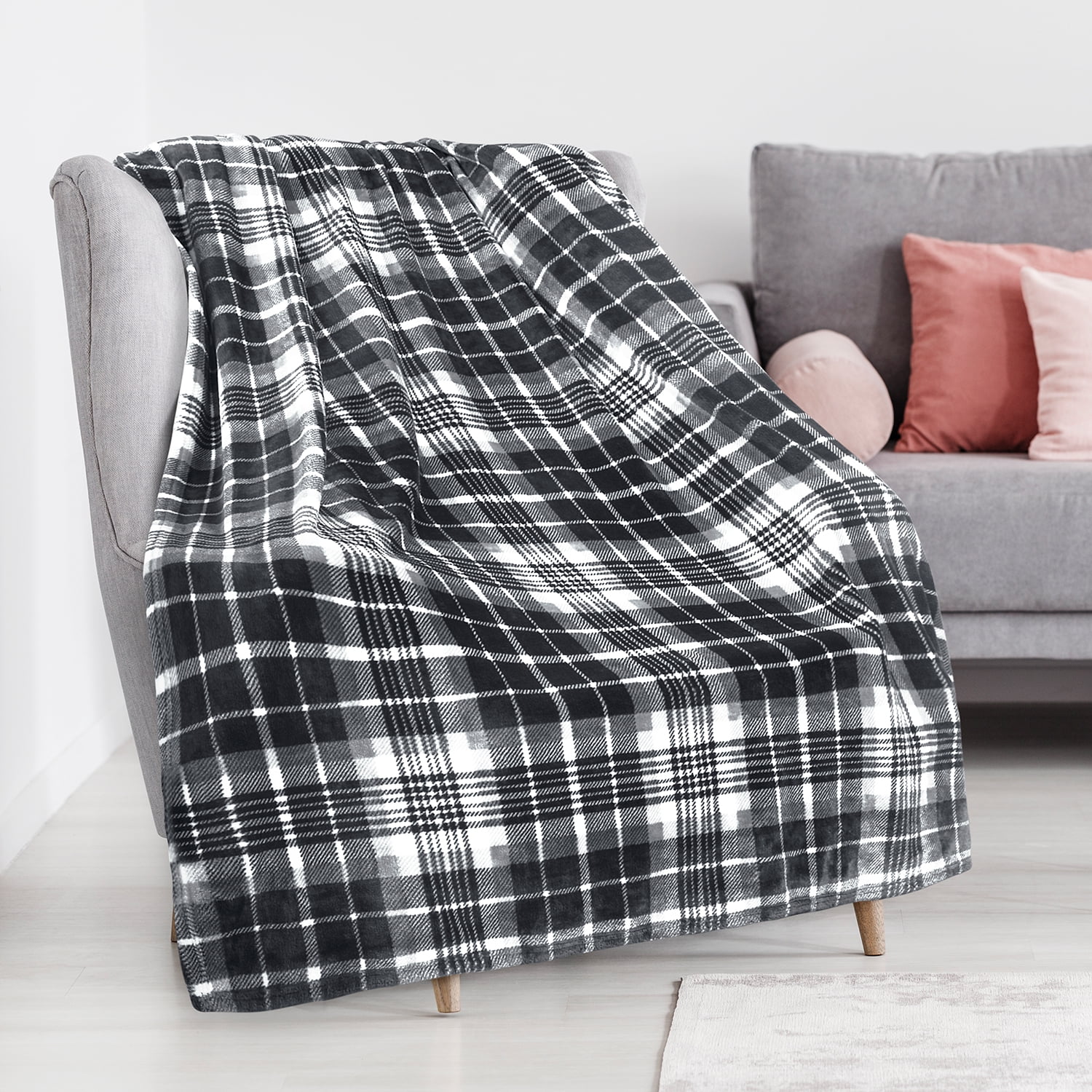 Tirrinia Buffalo Plaid Fleece Blanket, Super Soft Warm Comfy Flannel Fleece for Bedding, Couch Cabin Throw, Decorative Blankets, Black & Grey, TV Throw Measures 50" x 60"