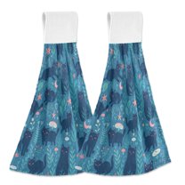 Yayeee Kitchen Hanging Hand Towels Set of 2 with Loop Bathroom Absorbent Tie Towel, Blue Forest Cat Pattern