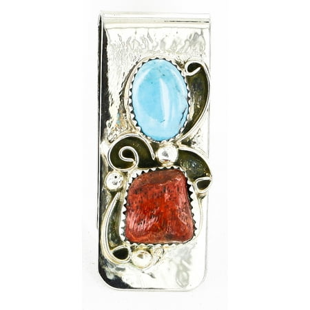 - Handmade Certified Authentic Navajo Nickel and .925 Sterling Silver Natural Turquoise Coral Native American Money Clip