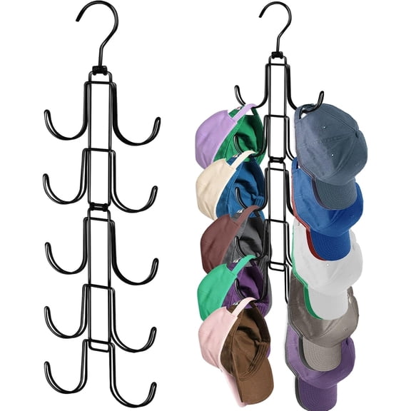 Collapsible Hat Organizer for Closet – Space Saving Metal Baseball Cap Hanger, 10 Rotatable Large Hooks Holds Up to 40 Caps, Black Hat Rack for Display and Storage