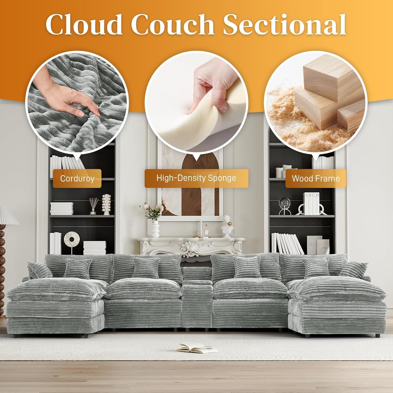 Howcool 145" U Shaped Modular Sectional Sofa, 6 Seat Oversized Cloud Couch with Double Chaise & Central Console, Plush Corduroy Sectional Couch with USB Ports, for Living Room,Light Grey