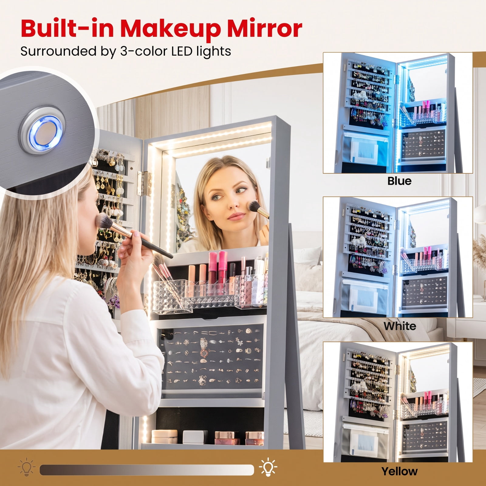 Furnibear Standing Jewelry Cabinet with Adjustable LED Lights for Bedroom Dressing Room Jewelry Necklace Rings Storage Mirror, Gray