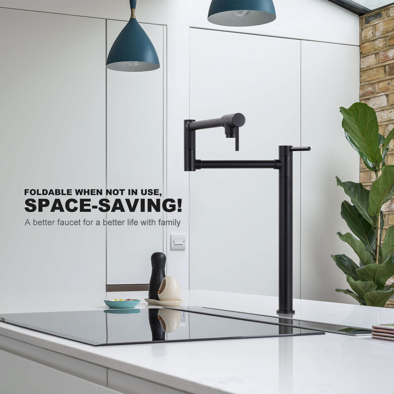Wowow Pot Filler Faucet Deck Mount Stove Faucet, Solid Brass Pot Filler Matte Black Kitchen Folding Faucet with Stretchable Double Joint Swing Arm (Modern Style, Matte Black)