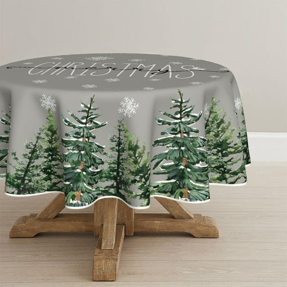 Christmas Tablecloth 60×60 Inch Round, Winter Snow Trees Grey Washable Table Cover for Party Picnic Dinner Decor