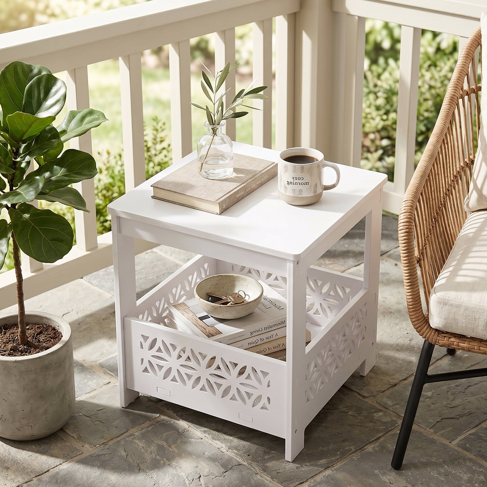 Side Table with Storage, Space Saving Nightstand for Small Spaces, Modern End Table for Indoor Outdoor, White