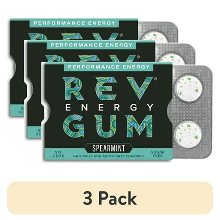(3 pack) Rev Gum Sugar Free Spearmint Energy Gum, 6 Pieces