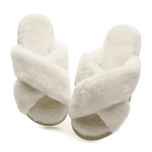 Crazy Lady Pantoufles Douillettes et Moelleuses pour Femmes, Mignonnes Chaussures en Mousse à Mémoire de Forme, Bande Croisée, Intérieur Extérieur, Sandales à Bout Ouvert (06/blanc, 7-8)