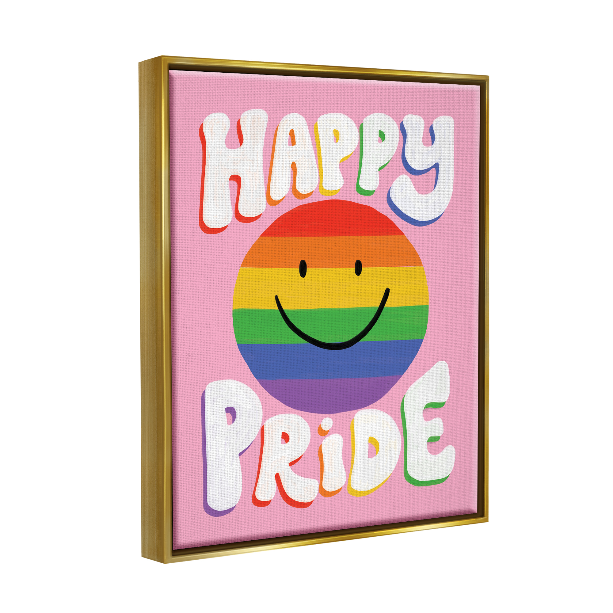 Stupell Industries Happy Pride Retro Rainbow Smiley Holiday Painting Gold Floater Framed Art Print Wall Art