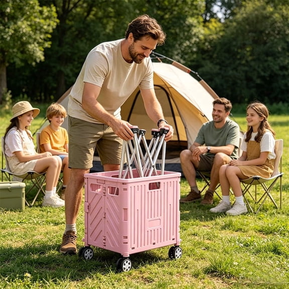 Foldable Cart With Stair Climbing Wheels Collapsible Rolling Crate 35L