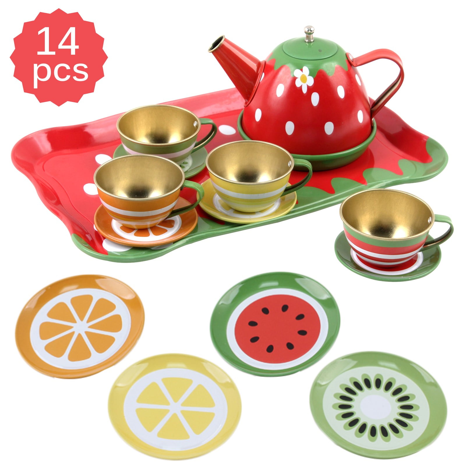 Flower Tin Tea Set 15pcs Pretend Role Play Toddler Cups Saucers Pot Tea Time 