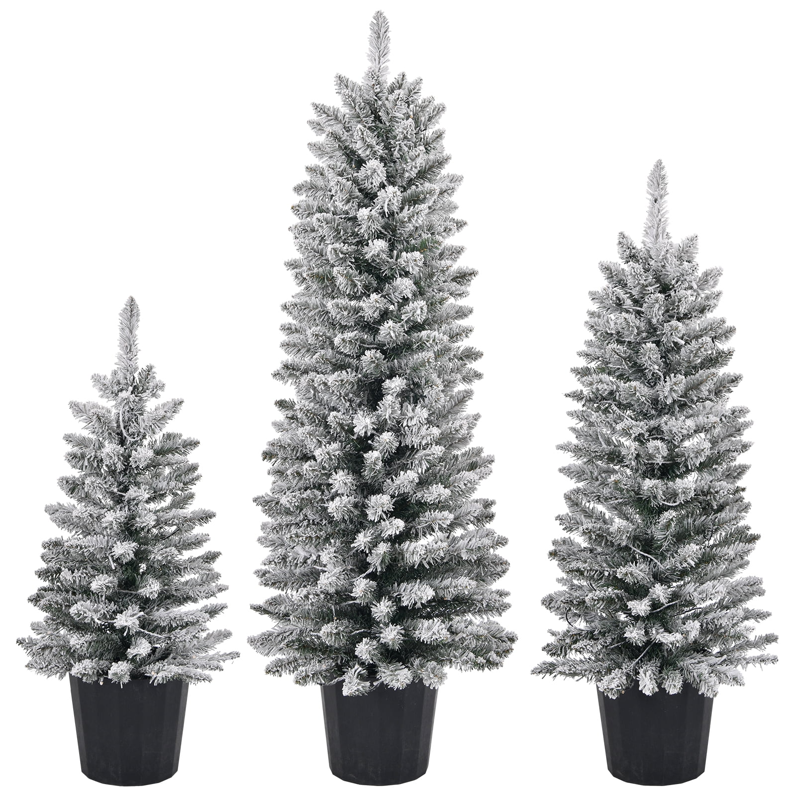 Astoutdoor Set of 3 Pre-lit Snow Flocked Artificial Christmas Trees with Pot Stands, 3/4/5 ft, Warm White LED Lights, Battery Operated, Snowy Green