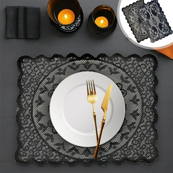 Floleo Halloween Lace Placemats, Black Lace Placemats With Spider Web, Halloween Placemats Decoration Parties 17.7*11.8In