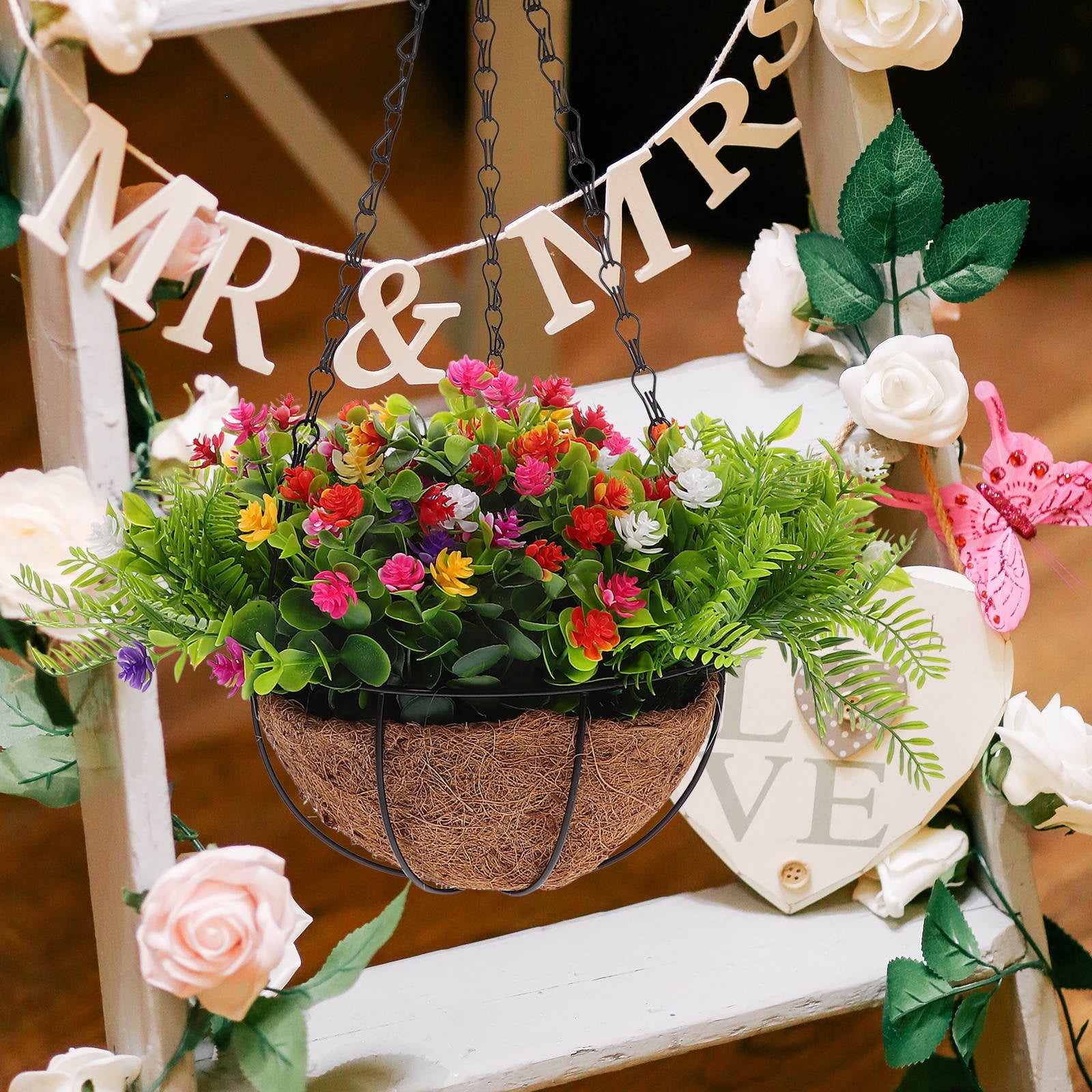 SEWCHICS Hanging Plants Outdoor Hanging Planter With Artificial Flower Multi 1Pack 12X12X8In