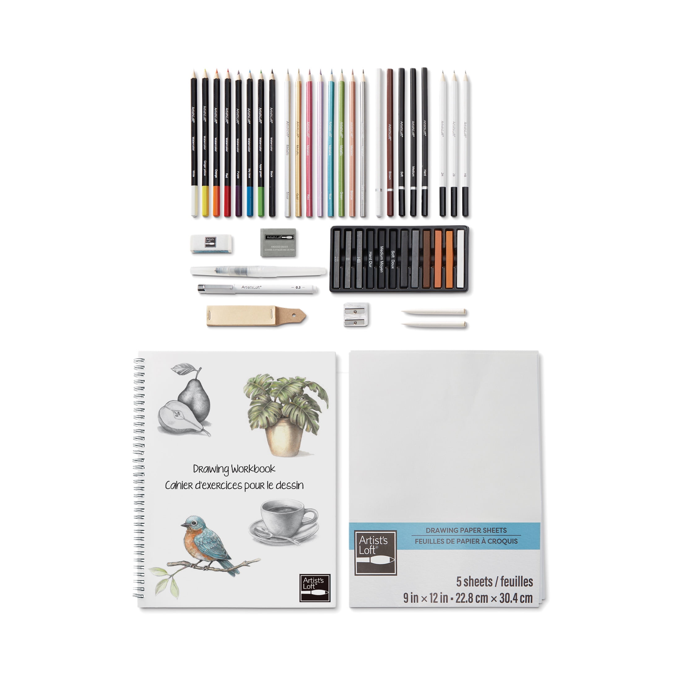 Drawing Technique Set by Artist's Loft - Includes Drawing Book - Watercolor Pencils - Graphite Sticks - Pastels - and Erasers - 1 Set
