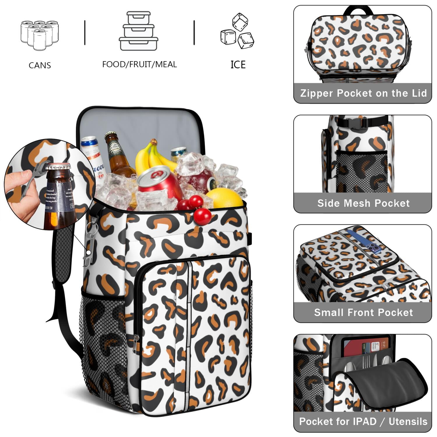 Travel Cooler Bag - Black and Orange Of Leopard Print Camping Beer Cooler Backpack with Bottle Opener- Waterproof Insulated Picnic Backpacks - Cooler Bag for Beach