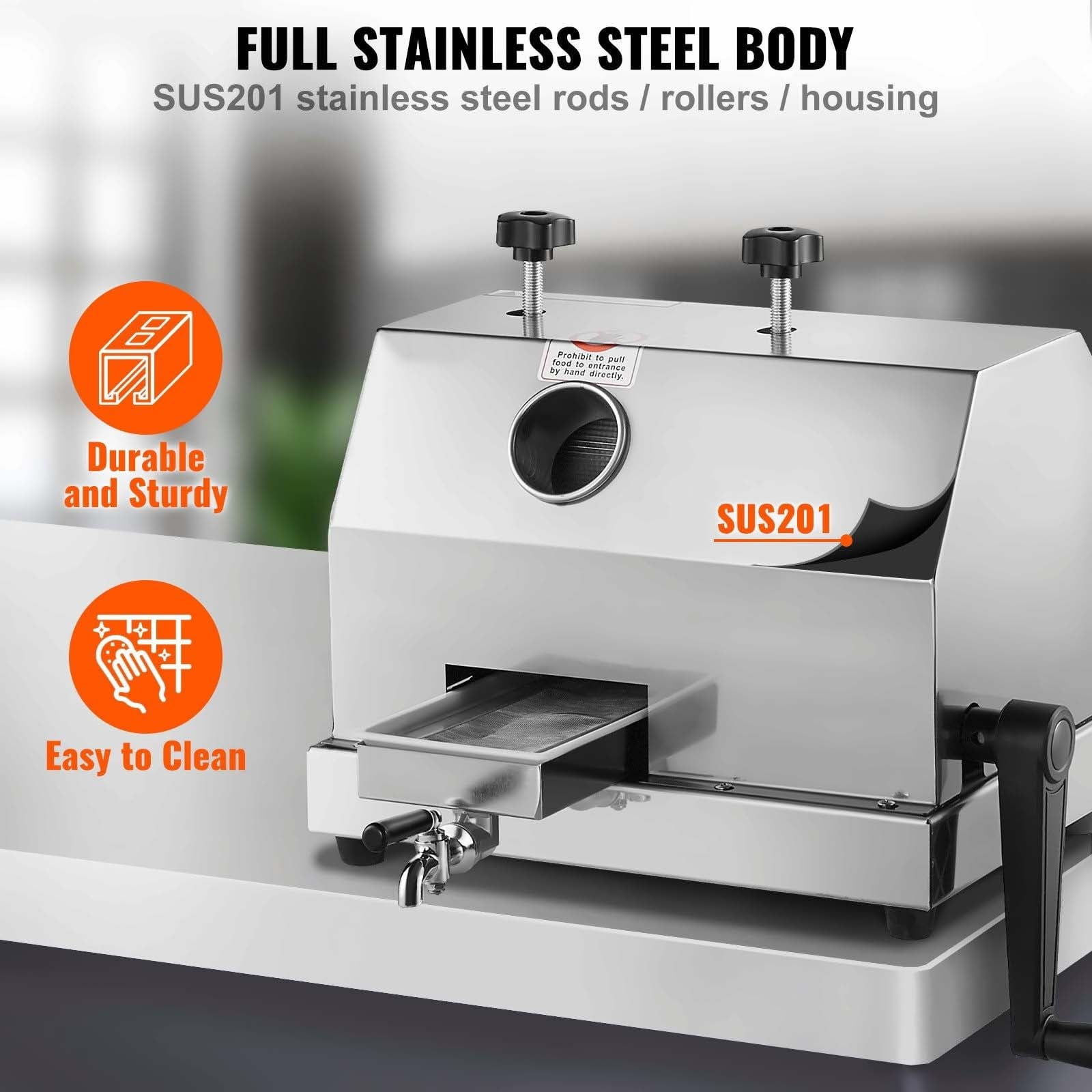 Sugarcane Juicer Machine, 110LBS/H Manual Sugarcane Juice Extractor, 3 Stainless Steel Rollers, 2.4" Inlet, Commercial/Home Use