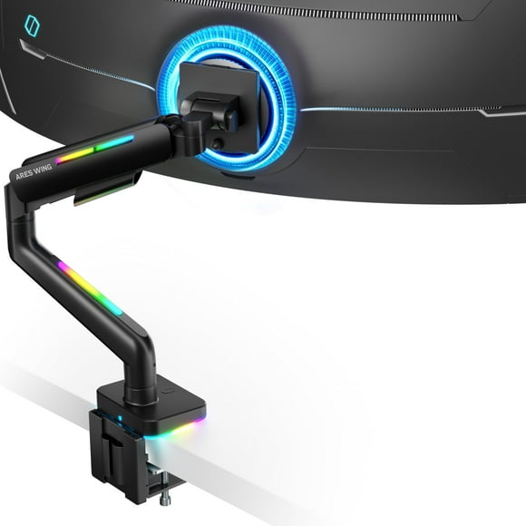 Ares Wing Heavy Duty Monitor Arm for 49'' &amp; 44 Lbs Ultrawide Screen, Compatible with Samsung Odyssey G9 and LG Monitor, RGB Desk Arm, Adjustable Gas Spring Single Mount, Black