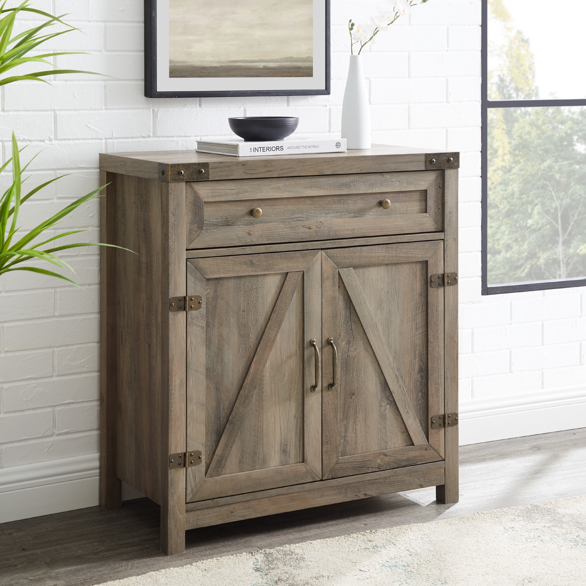 2 Door Storage Cabinet Accent Chest Rustic Grey Wood Sideboard Farmhouse Pantry 