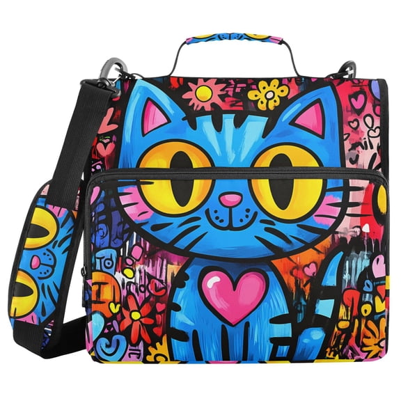 3 Ring Zipper Binder with Shoulder Strap Waterproof Trapper Keeper 2 Inch D-Ring 500 Sheets Capacity Cartoon Graffiti Cat