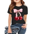thumbnail image 2 of CPNG Girls Summer T-shirt Bow Cherry Print Loose Casual Stylish Crewneck Short Sleeve Cool Sports Top(Black,6-7 Years), 2 of 8