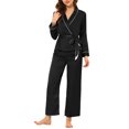 thumbnail image 1 of Conjunto de pijama de 2 piezas para mujer, top de satén de manga larga y pantalones, color negro, 1 of 5