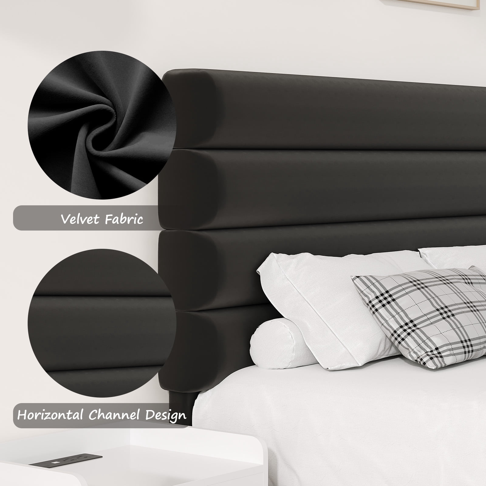 4 EVER WINNER Queen Size Platform Bed Frame, Horizontal Stitched Black Velvet Upholstered Headboard, Solid Wooden Slat Support, Noise-Free, No Box Spring Needed