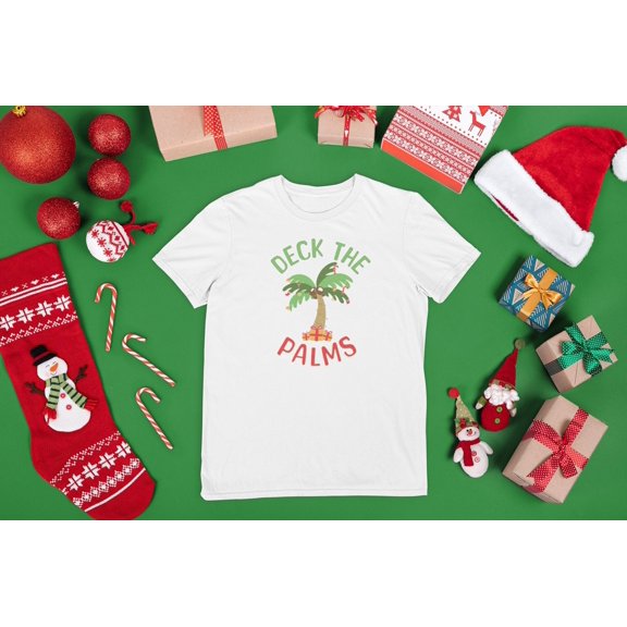 Christmas T-shirt Vacation Tropical Party Summer Xmas Santa Beach Half Palm Trees Flamingo Funny Gift Idea for Islands Pool Stocking