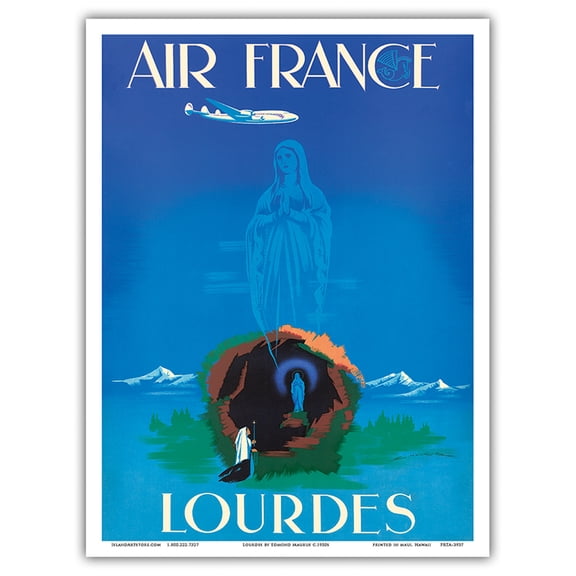 Lourdes - Virgin Mary - Our Lady of Lourdes - France - Vintage Airline Travel Poster by Edmond Maurus c.1950s - Master Art Print (Unframed) 9in x 12in
