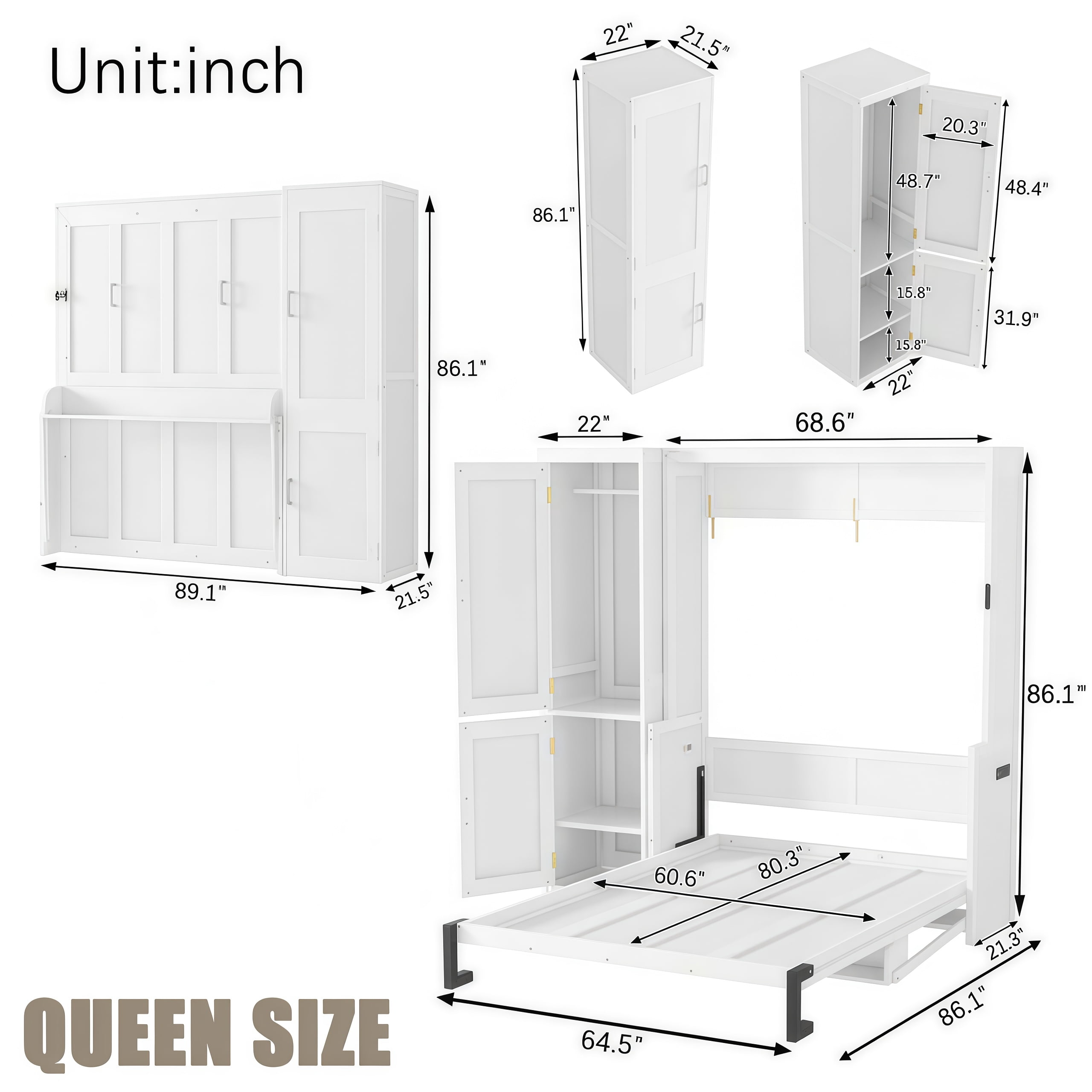 Alvantor Queen Murphy Bed with Wardrobe, Wall Bed Cabinet with Desk and Charging Station, White 86.1"H