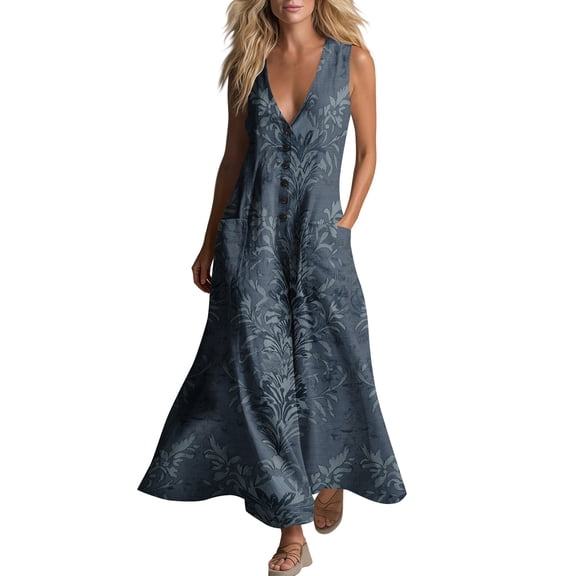 Makaor Floral Maxi Dress for Women Sheath Linen Button Dresses Plus Size Sleeveless Dress V Neck Beach Vacation Clothes with Pockets M