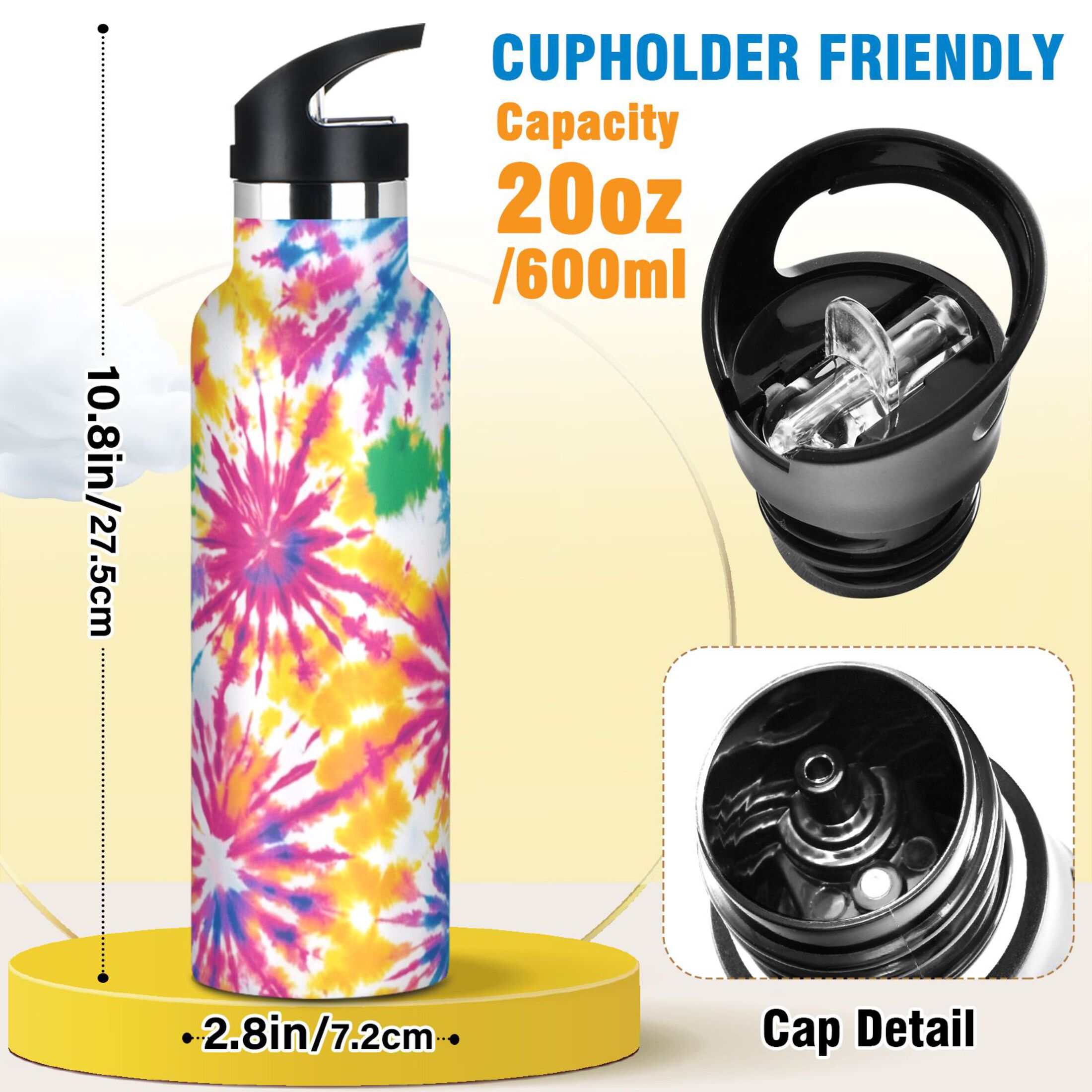 Kids Insulated Stainless Steel Sports Water Bottle 600ml (20oz) Tie-dye Pattern