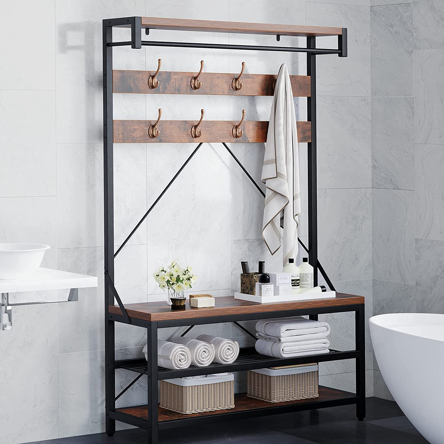 EastVita Coat Rack Shoe Bench Industrial Hall Tree Storage Bench for Entryway Wood Look Accent Large Shoe Rack Bench with Storage Shelf Hanging Bar,8 Hooks Grey 39.9"x15.7"x72"